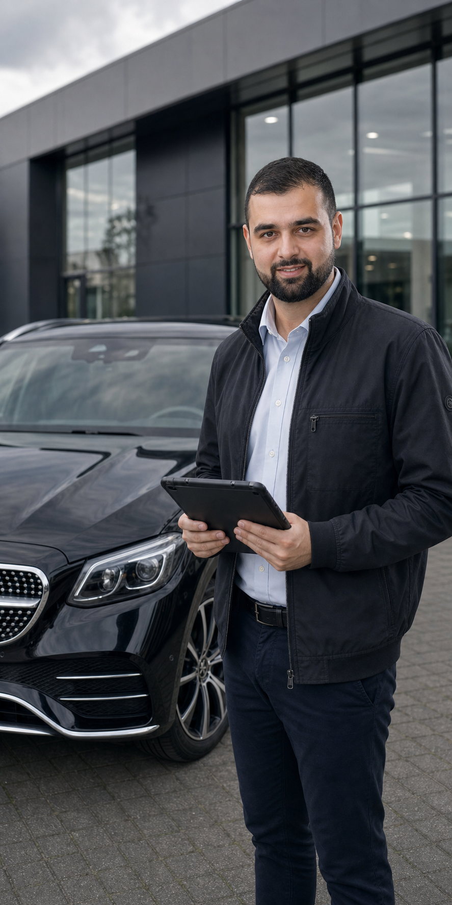 Jonathan Dag von DAG Gutachten neben einem Mercedes mit iPad
