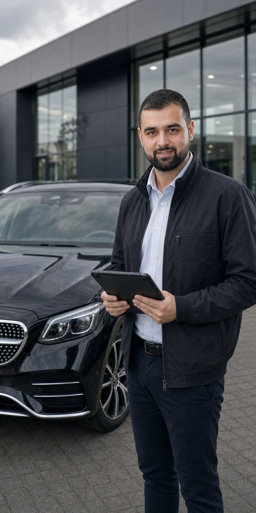 Jonathan Dag mit einem iPad neben einem Mercedes