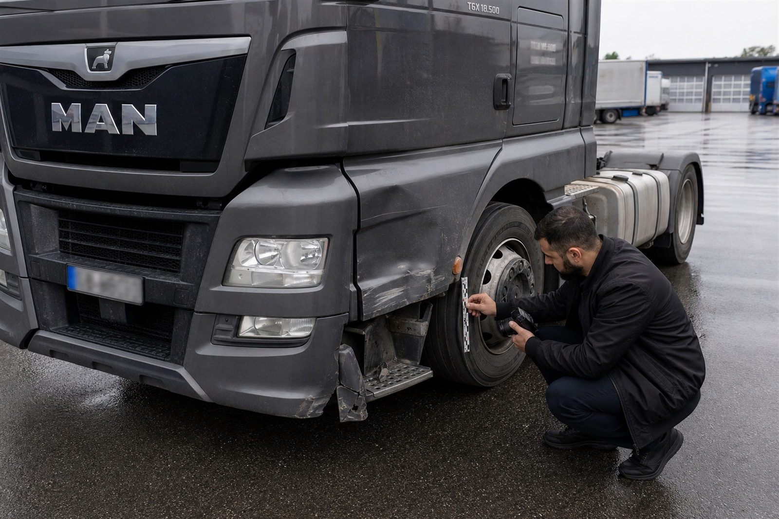 Schadenaufnahme an einem Lkw im Fuhrpark