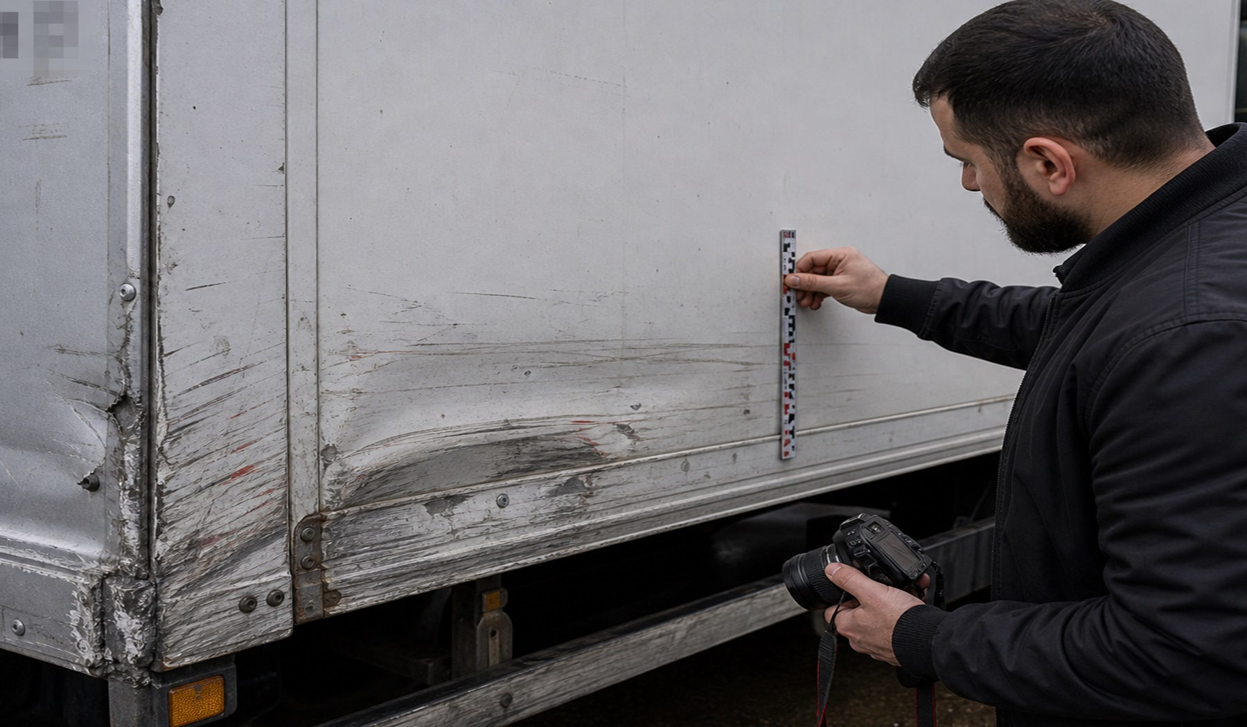 Detailprüfung und Schadenaufnahme an einem Nutzfahrzeug für gewerbliche Vorgänge